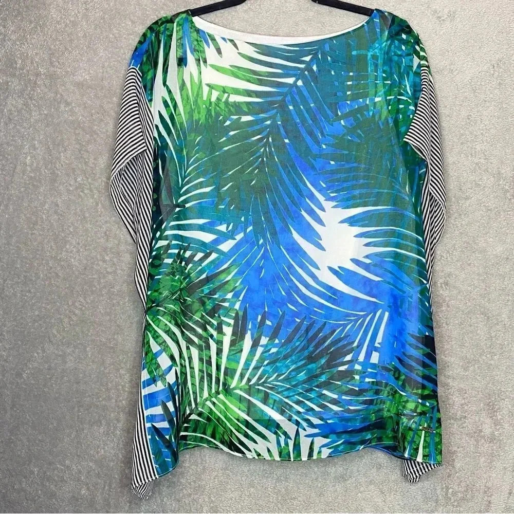 CALVIN Klein M Medium Top Shirt Blue Floral Batwing‎ Sleeve Round Neck P21